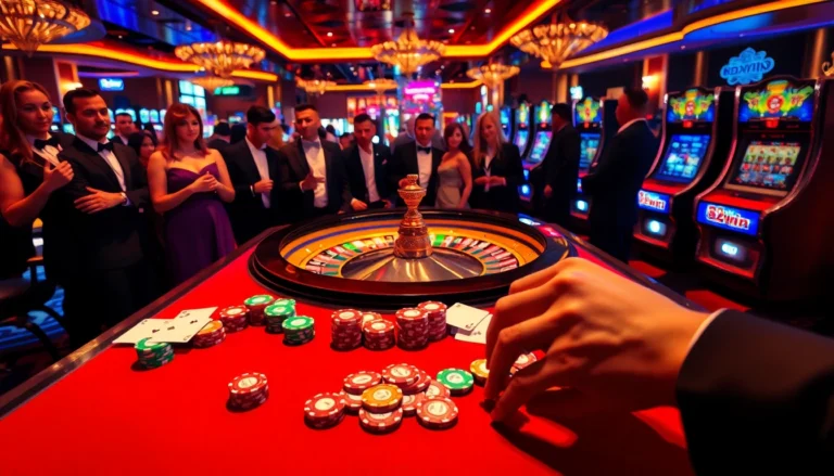 32win players celebrate their wins at an exciting roulette table surrounded by vibrant slot machines.