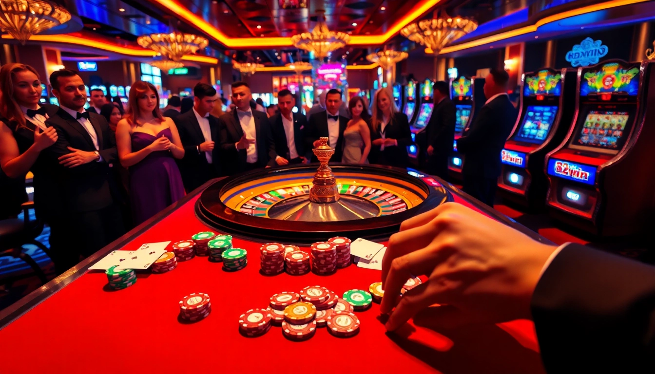 32win players celebrate their wins at an exciting roulette table surrounded by vibrant slot machines.