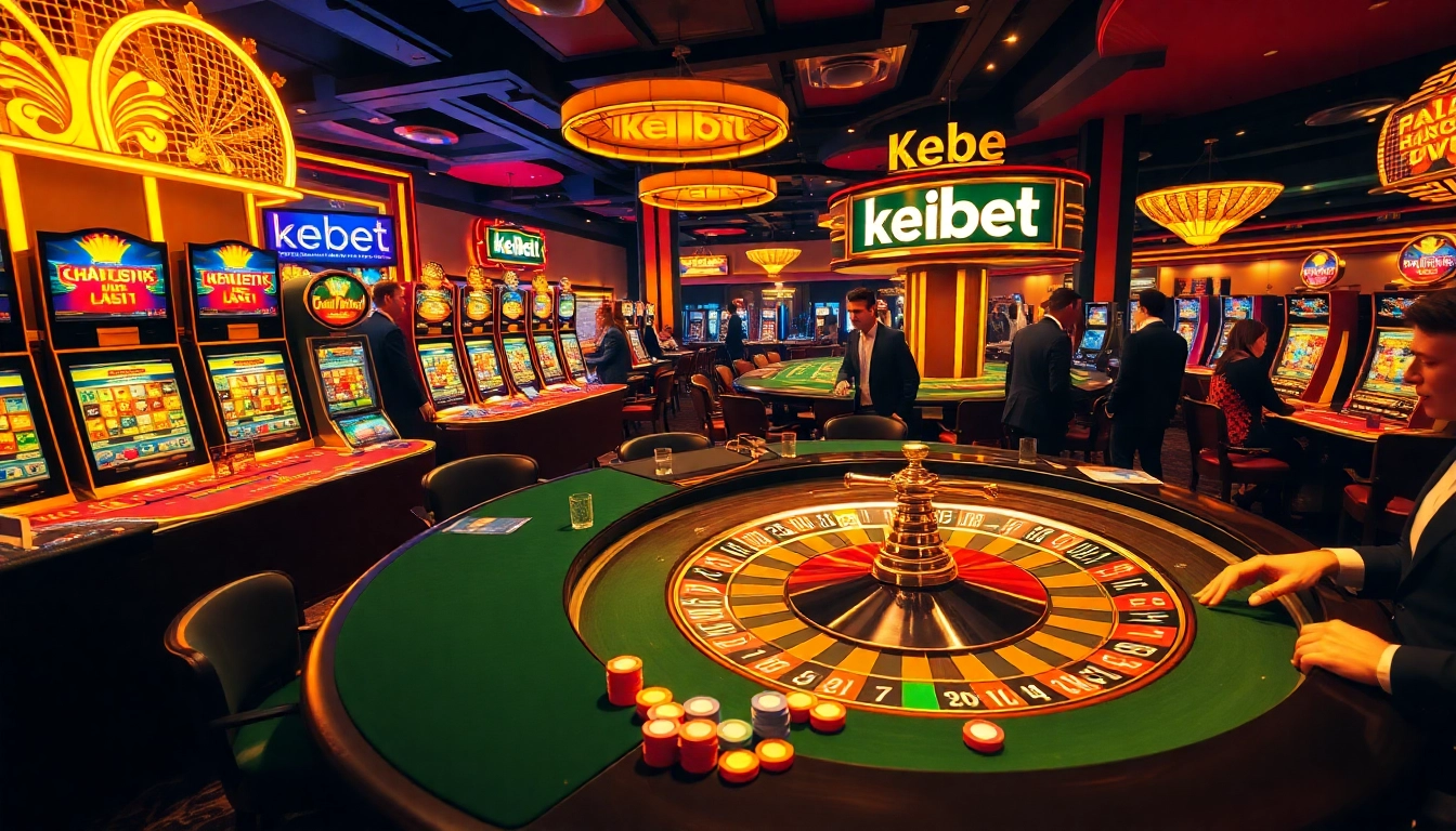 A vibrant casino scene featuring the kebet roulette wheel, excited players, and luxury decor.
