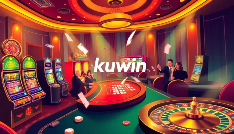 Exciting scene at a casino with players at a poker table and flashing kuwin slot machines.