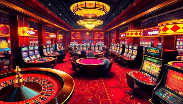 Experience the excitement of qq888 with players at table games and vibrant slot machines in a luxury casino setting.