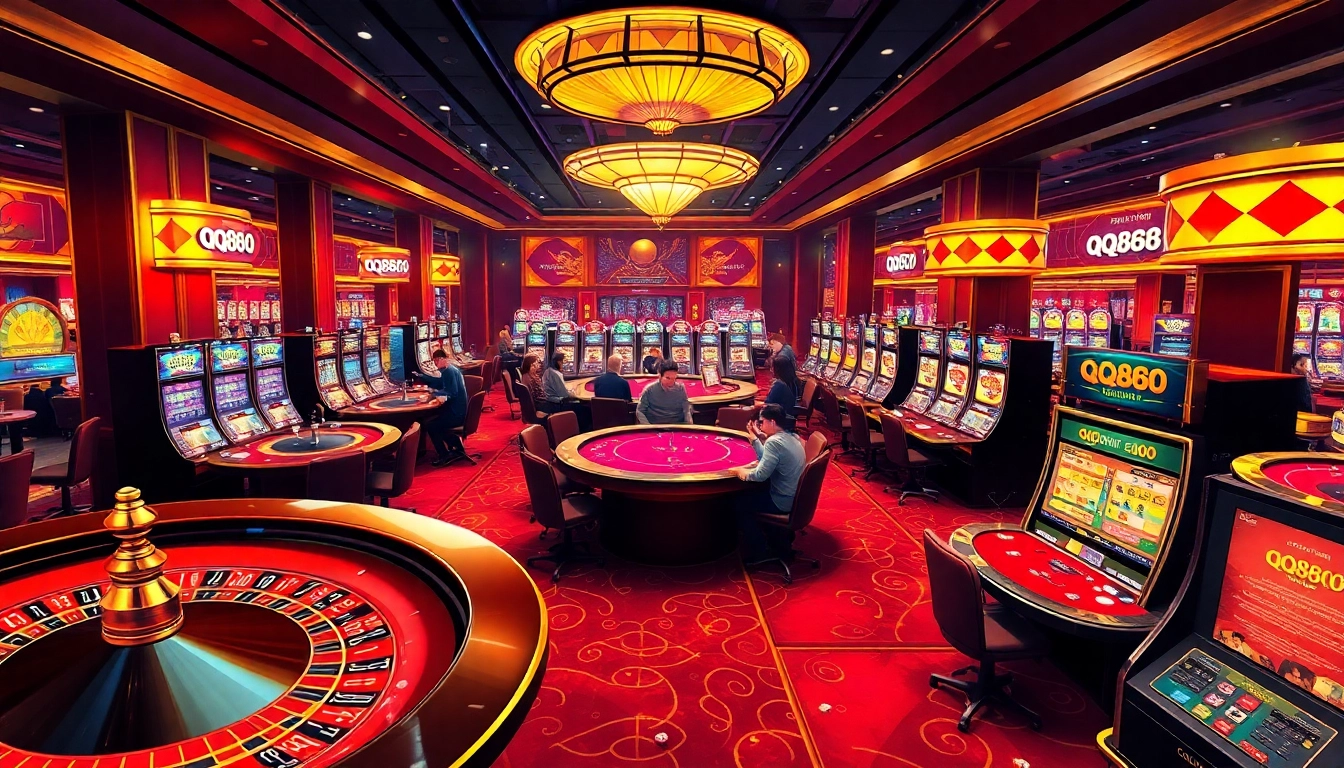Experience the excitement of qq888 with players at table games and vibrant slot machines in a luxury casino setting.