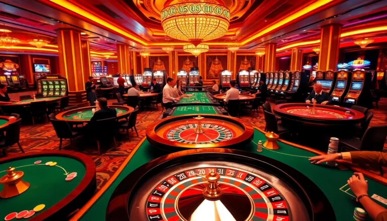 Experience thrilling gameplay at https://new88bet.us/ with vibrant poker tables and roulette wheels in a luxurious casino setting.