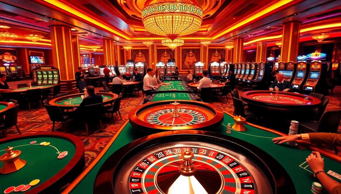 Experience thrilling gameplay at https://new88bet.us/ with vibrant poker tables and roulette wheels in a luxurious casino setting.