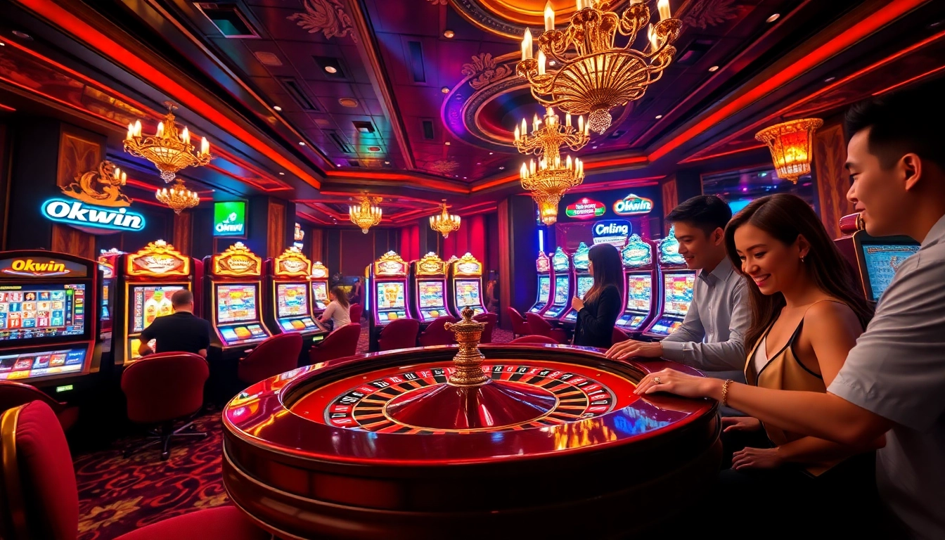 Experience lively casino action at Okwin with players excitedly betting at vibrant roulette and slot machines.