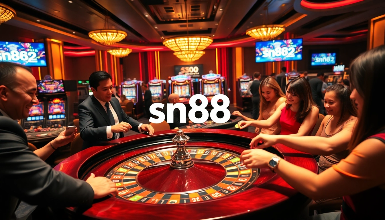 Experience the thrill of winning at sn88's vibrant casino tables, featuring roulette and lively players.