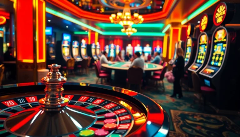 Intense gambling action at f8bet casino with roulette, poker tables, and players immersed in the thrill.