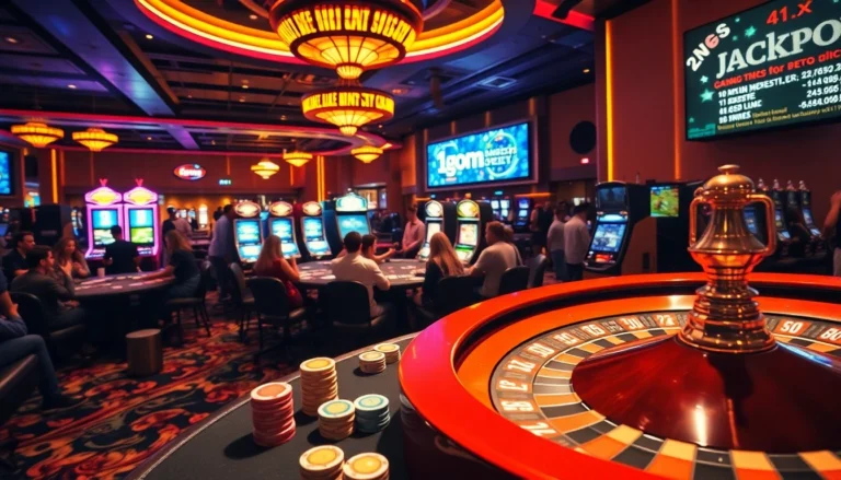 Players at a lively casino celebrate a win with 1gom chips stacked high on the poker table, showcasing thrilling gambling action.