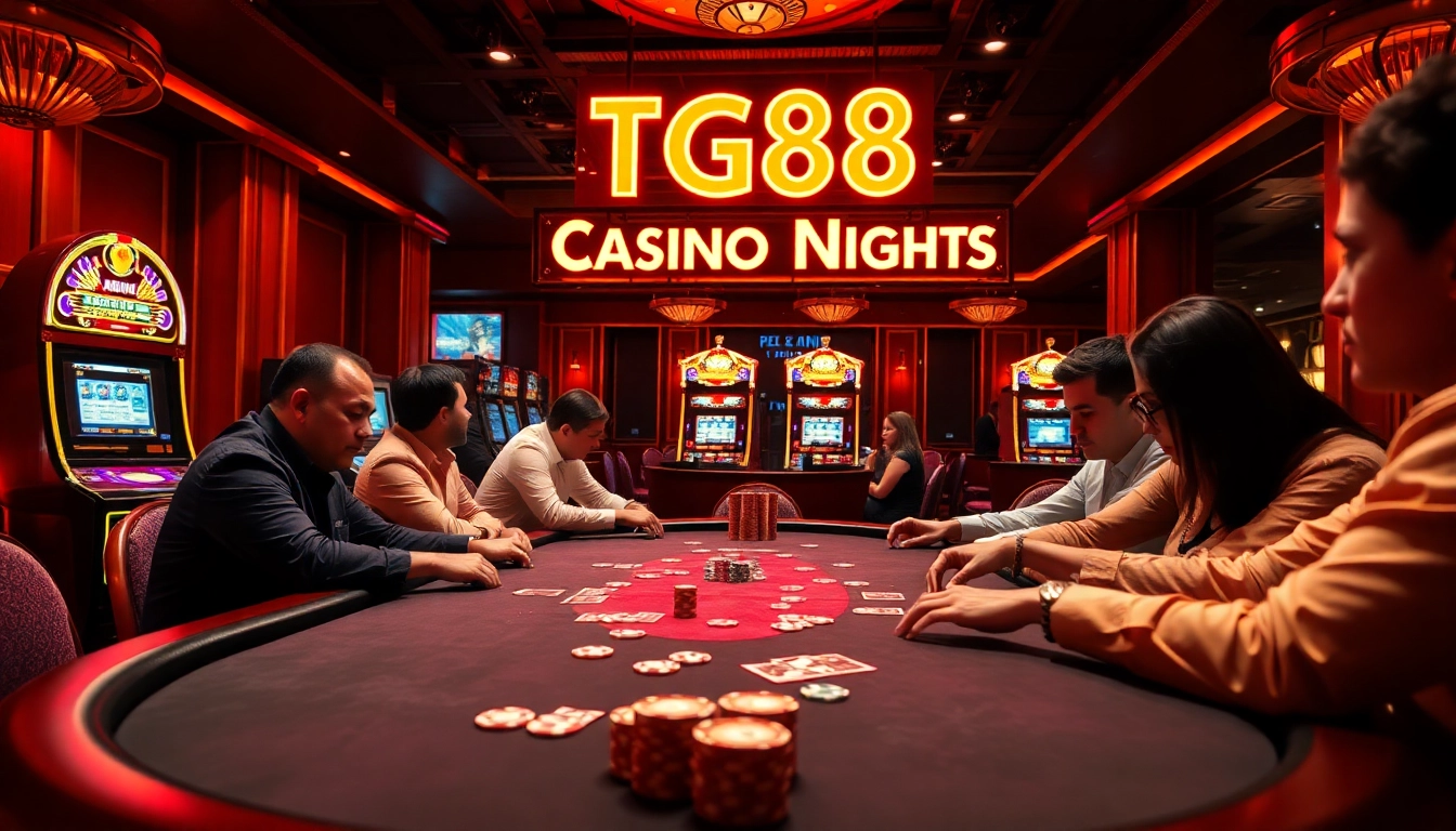 Experience TG88 Casino Nights with engaging poker action and vibrant slot machines in this upscale scene.