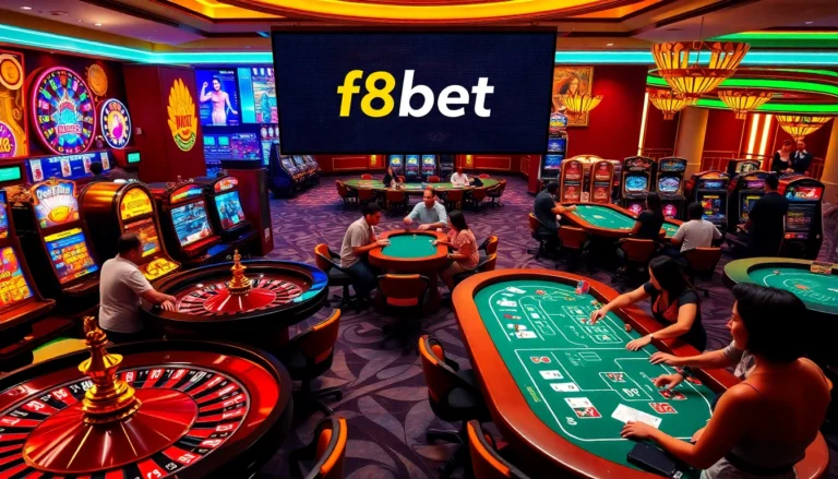 Experience the excitement of f8bet in a lively casino setting with roulette, poker, and flashing slot machines.