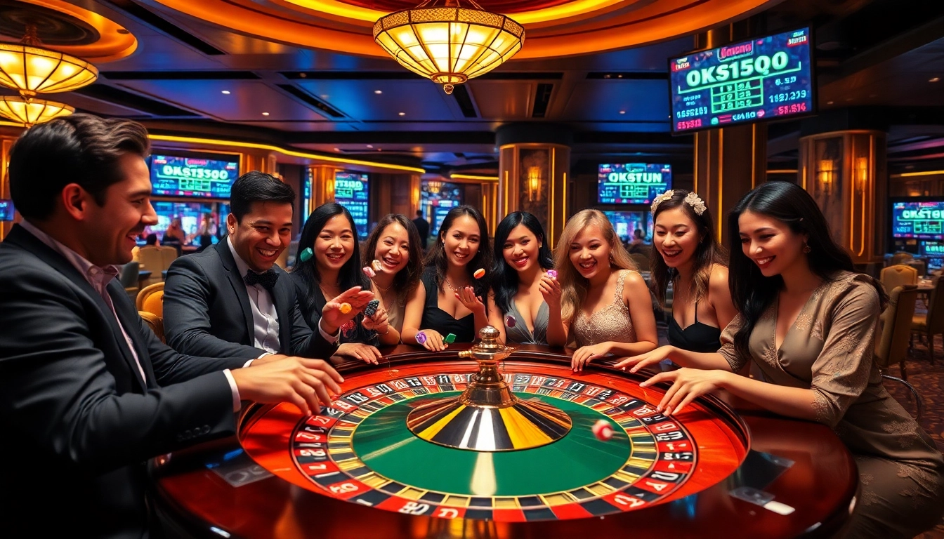 Players at the OKFun casino experiencing the thrill of roulette, surrounded by colorful chips and lively atmosphere.