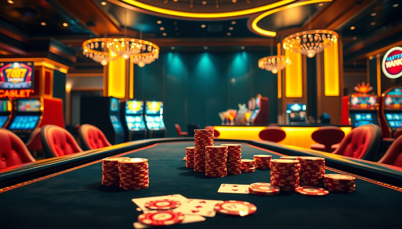 Experience the excitement of gambling in the luxurious go8-themed casino, showcasing poker chips and glamorous lighting.