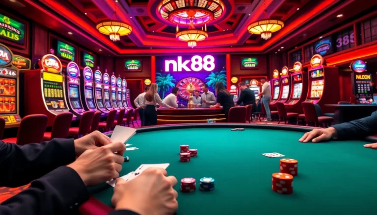 Experience the thrill of gambling at nk88, where players engage with poker tables, lively slot machines, and electrifying roulette wheels.