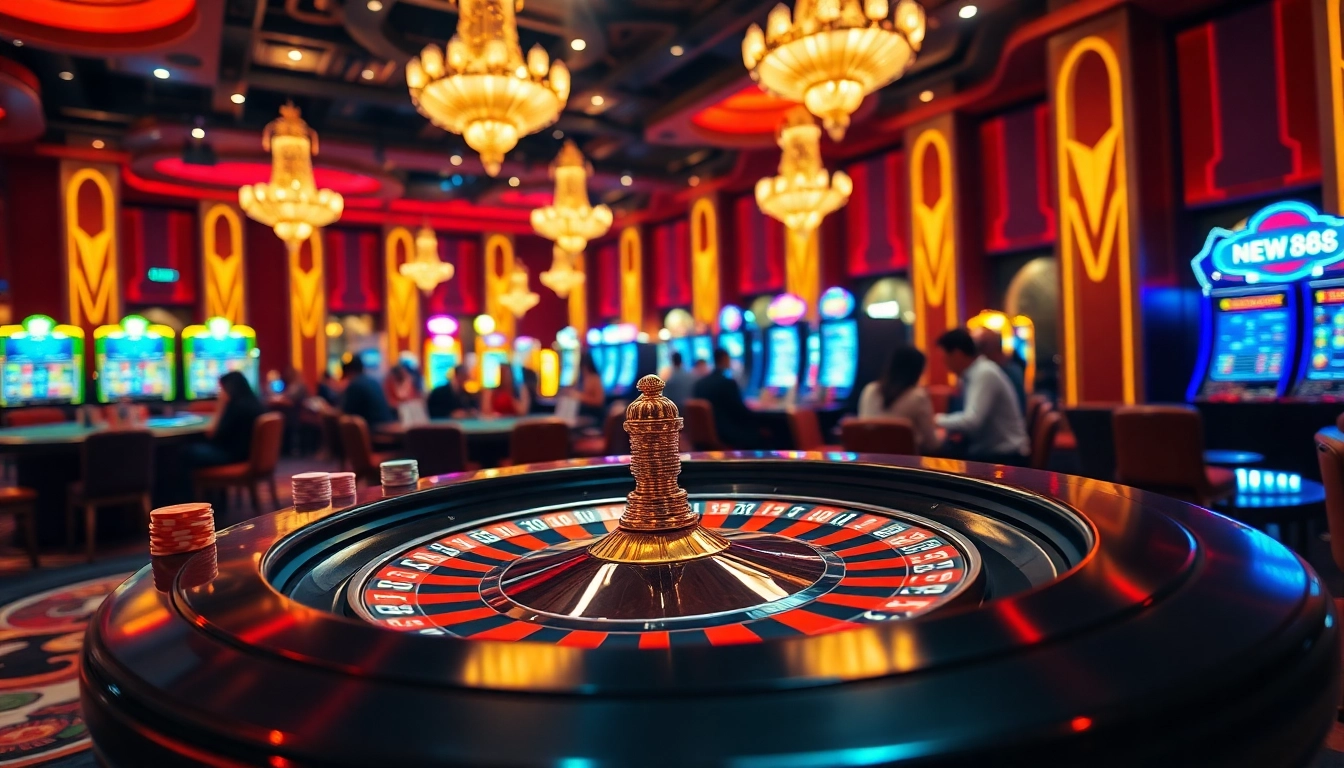 new88 casino vibrant scene with roulette, players, and slot machines