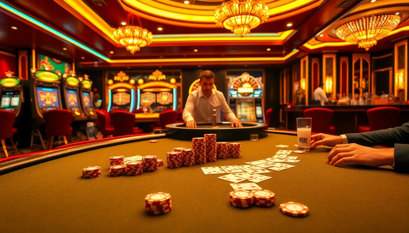 New88's luxurious casino atmosphere with players at a vibrant poker table featuring exciting chips and cards.