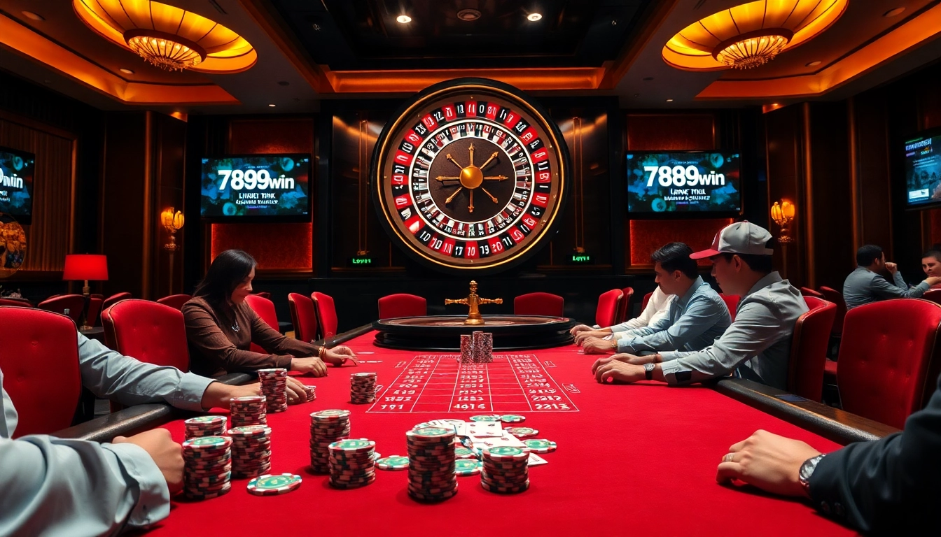 Engage with thrilling casino gameplay featuring "789win link đăng nhập," poker chips, cards, and a roulette wheel.