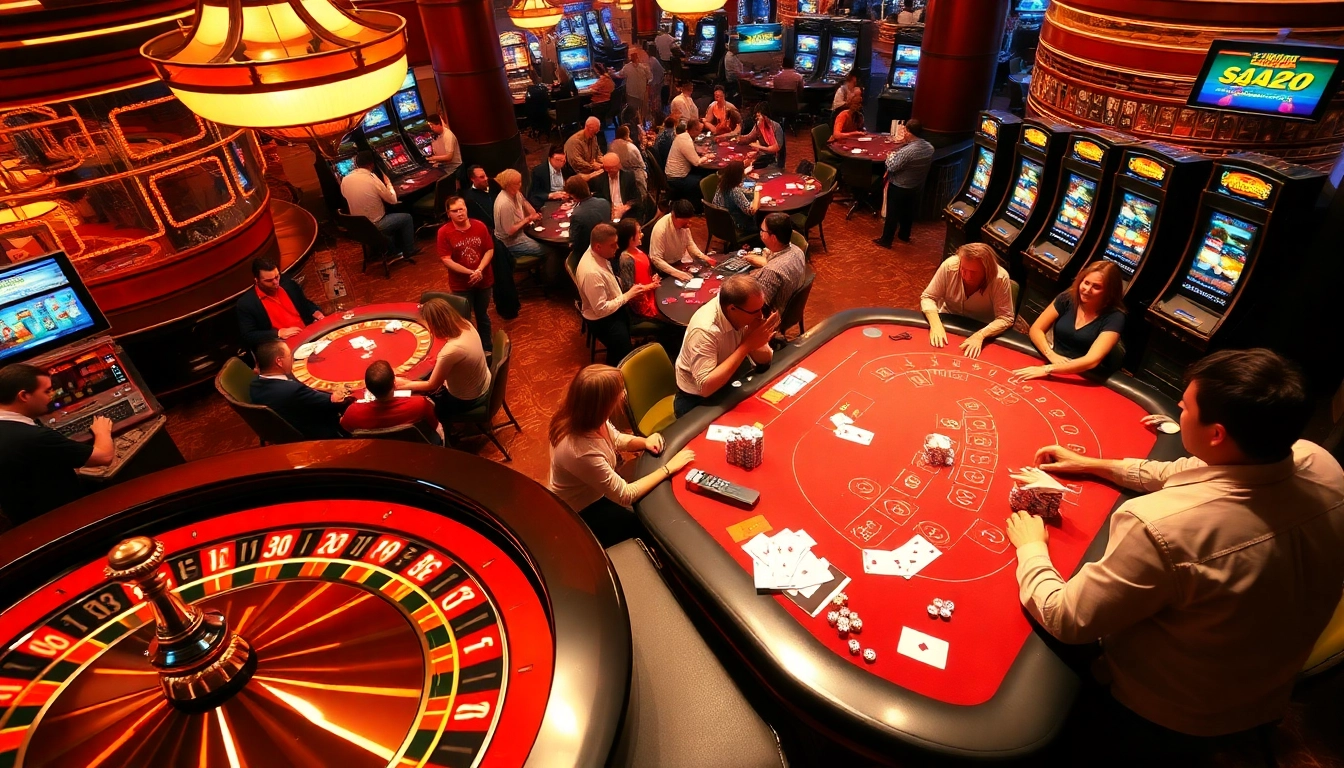 Experience the thrill of winning at the ea77 casino with vibrant roulette and blackjack tables, surrounded by passionate players.